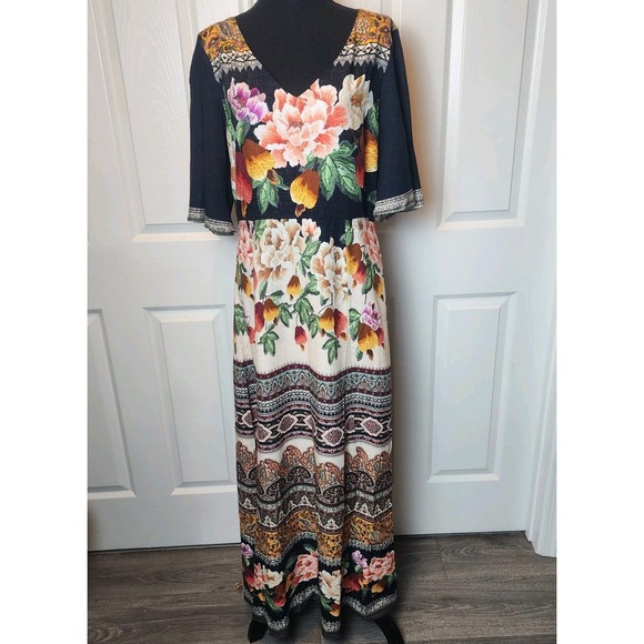 FARM Rio Anthropologie Maxi Dress Large Floral Boho Flare Sleeve Esmeralda Black - Picture 5 of 13